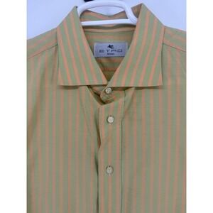 Etro Milano Mens Green Orange‎ Stripe Dress Shirt Button Up Italian Size 44
